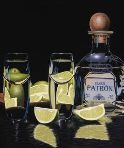 a painting of Patron Silver with shot glasses and limes on a black background by scott jacobs called "Patron Silver"
