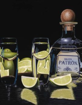 a painting of Patron Silver with shot glasses and limes on a black background by scott jacobs called 