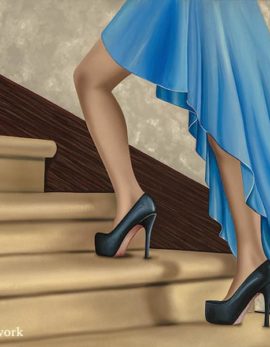 Lady in blue dress walking up stairs painting by Alexa Jacobs
