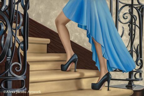 Lady in blue dress walking up stairs painting by Alexa Jacobs