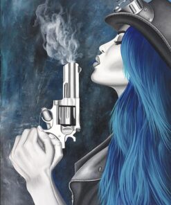 steampunk revolver lady painting by Alexa Jacobs