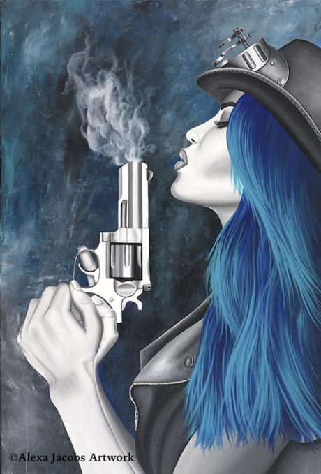 steampunk revolver lady painting by Alexa Jacobs