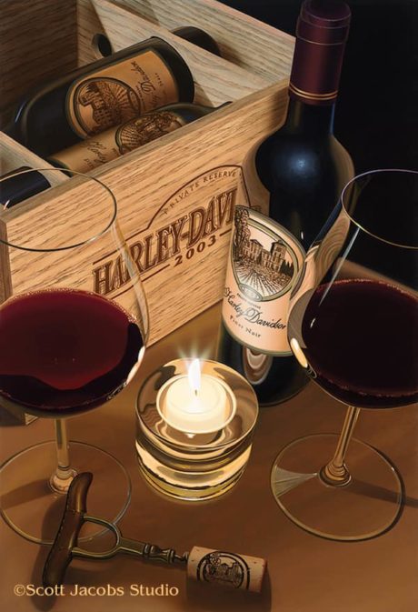 Harley-davidson wine painting with glowing candle
