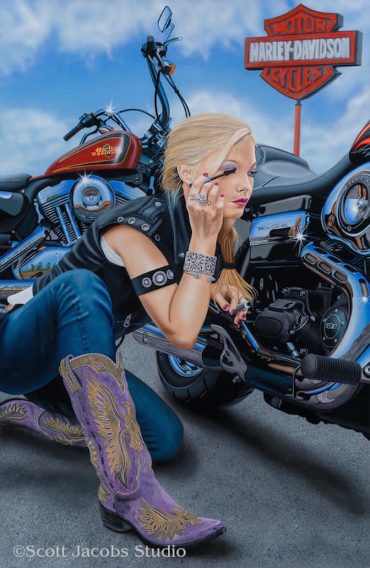 Harley-Davidson biker chick in Finishing Touch Harley-Davidson painting by Scott Jacobs