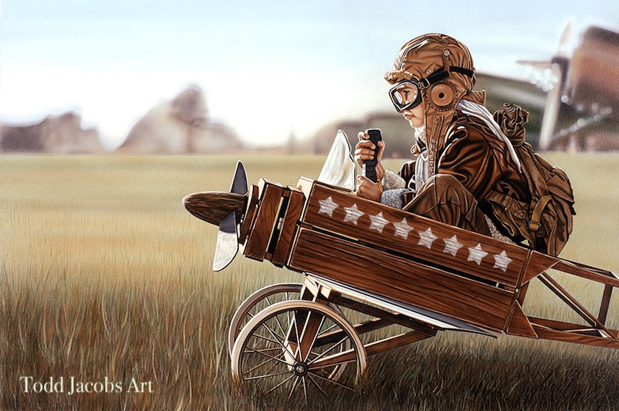 First Flight by Todd Jacobs tin sign - little boy playing pilot in an old wooden airplane