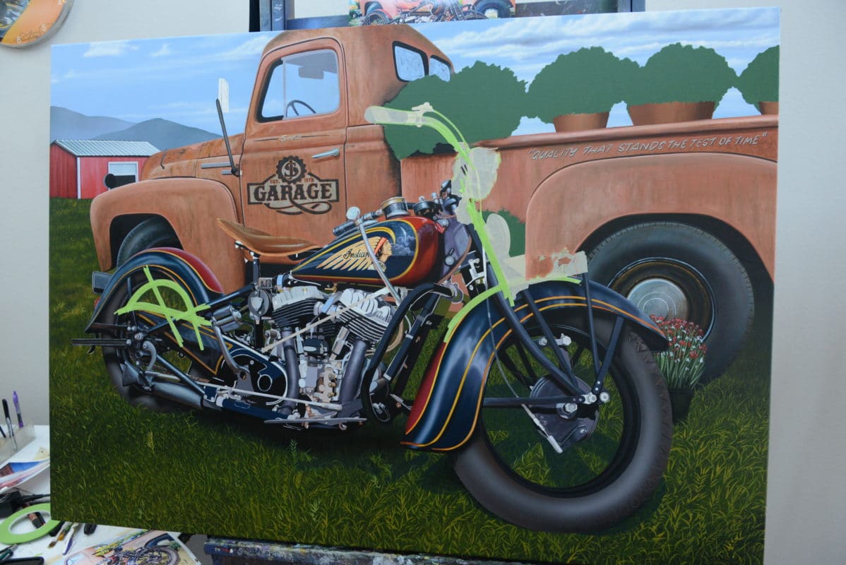 indian motorcycle painting by famous artist, scott jacobs