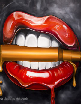 lips biting a bullet painting called bite me by Alexa Jacobs Art