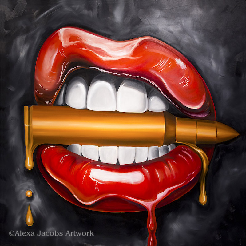 lips biting a bullet painting called bite me by Alexa Jacobs Art