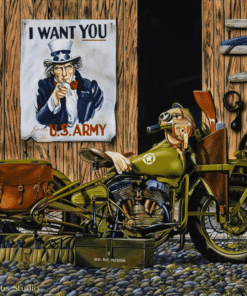 A patriotic painting featuring a 1943 WLA motorcycle in front of a wooden shed