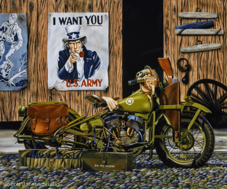 A patriotic painting featuring a 1943 WLA motorcycle in front of a wooden shed