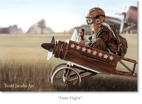 Todd Jacobs' painting, First Flight of a young boy in a wooden airplane