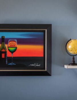 scott jacobs harley-davidson wine painting, winding down hanging on a wall in a living room