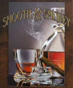 Tin sign with Scott Jacobs'' Smooth & Smokey image of whiskey glass and decanter with smoking cigar