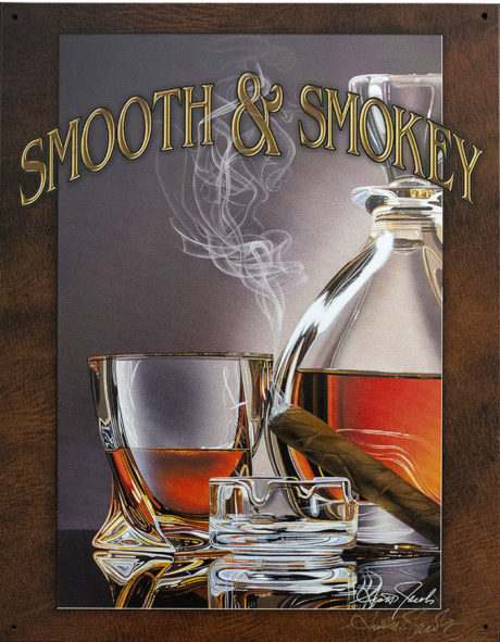 Tin sign with Scott Jacobs'' Smooth & Smokey image of whiskey glass and decanter with smoking cigar