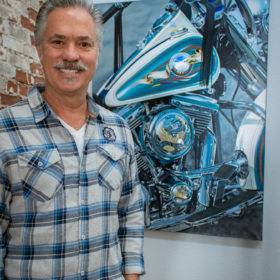 scott jacobs with his harley-davidson painting, Live to Ride