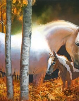 a painting of a white Arabian horse and her foal by danial james