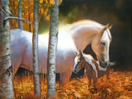 a painting of a white Arabian horse and her foal by danial james