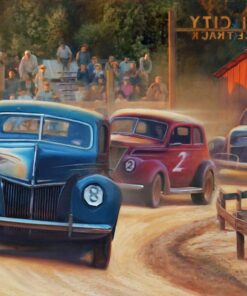 painting of classic cars racing at the try city race track by danial james