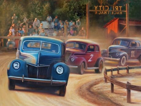 painting of classic cars racing at the try city race track by danial james