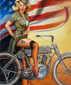 painting of a classic pin up girl on a motorcycle by danial james
