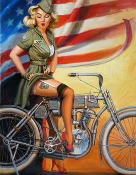 painting of a classic pin up girl on a motorcycle by danial james
