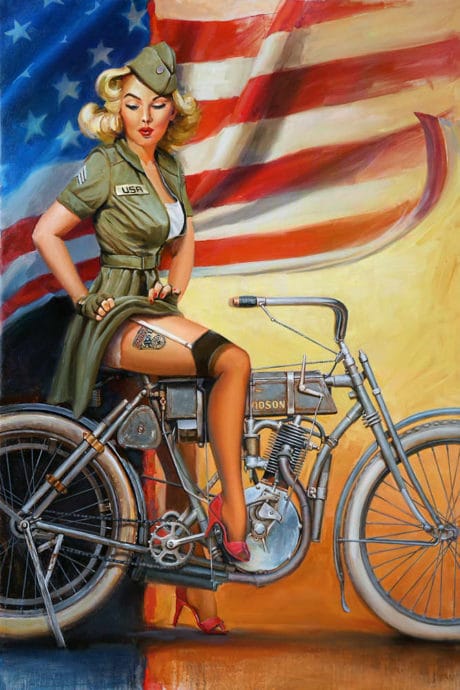 painting of a classic pin up girl on a motorcycle by danial james