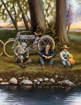 a painting of men and their 1915 motorcycles along a stream by danial james