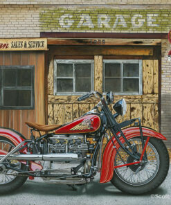painting of a 1939 indian in line 4 motorcycle parked in front of an old gas station by scott jacobs