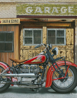 painting of a 1939 indian in line 4 motorcycle parked in front of an old gas station by scott jacobs