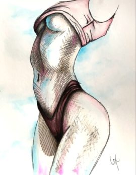 watercolor painting of a female figure lifting her tee by alexa jacobs