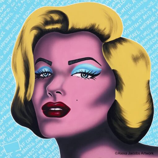 blue, yellow, and pink pop art painting of marilyn monroe by alexa jacobs