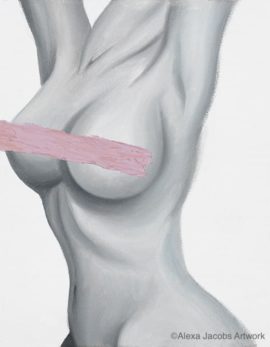 black and white painting with pale pink paint smeared across the chest of a female for breast cancer awareness by alexa jacobs