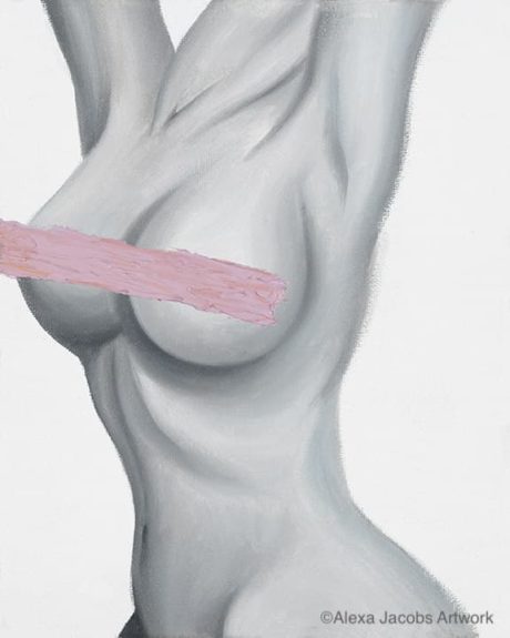 black and white painting with pale pink paint smeared across the chest of a female for breast cancer awareness by alexa jacobs