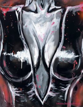 black, white and pink painting of a woman's chest in latex top by alexa jacobs