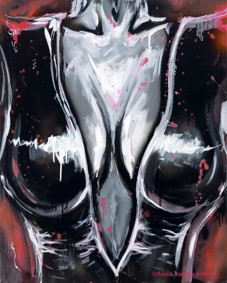 black, white and pink painting of a woman's chest in latex top by alexa jacobs