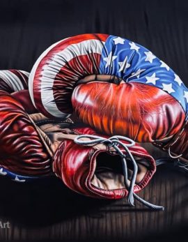 a painting of american flag boxing gloves by hyper realist, Todd Jacobs