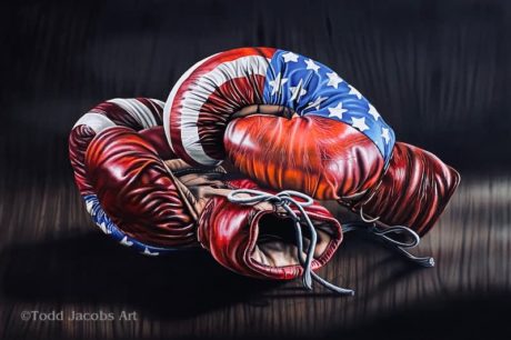 a painting of american flag boxing gloves by hyper realist, Todd Jacobs