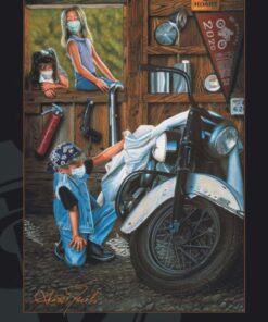 the 80th sturgis rally poster of scott jacobs' painting of kids peeking under a sheet at a vintage harley-davidson by scott jacobs