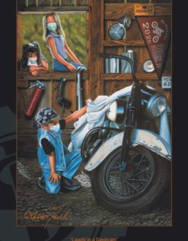 the 80th sturgis rally poster of scott jacobs' painting of kids peeking under a sheet at a vintage harley-davidson by scott jacobs
