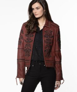 maroon colored studded jacket made by Double D Ranch