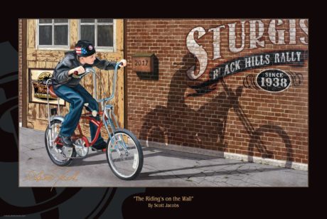 poster of scott jacobs' first shadow series painting "the riding's on the wall" of a boy riding a schwinn bicycle