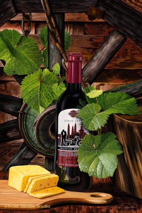 scott jacobs' 2020 harley-davidson wine painting with cheese, vines and antique wood called "off the wagon"