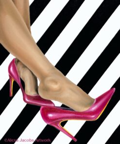painting of female legs in hot pink shoes with a black and white striped background called thanks for nothing by alexa jacobs
