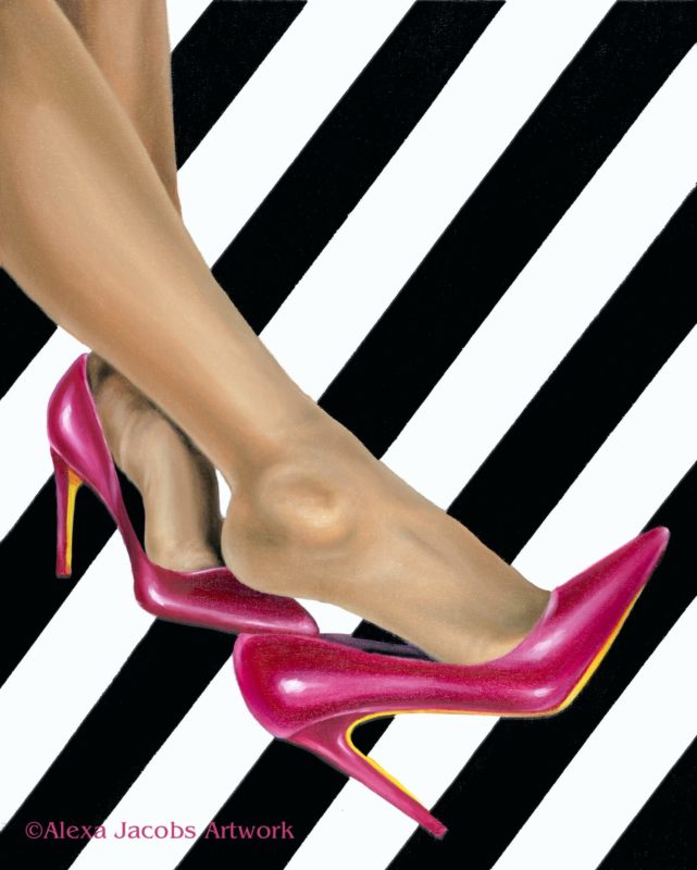 painting of female legs in hot pink shoes with a black and white striped background called thanks for nothing by alexa jacobs