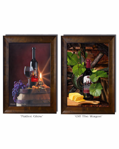 two paintings in the simple pleasures suite by scott jacobs of "native glow" an indian motorcycle wine painting and "off the wagon" a harley-davidson wine painting