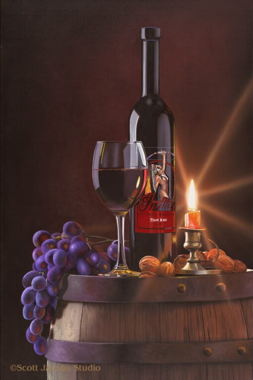 painting of an indian motorcycle wine painting with fruit and a candle by scott jacobs