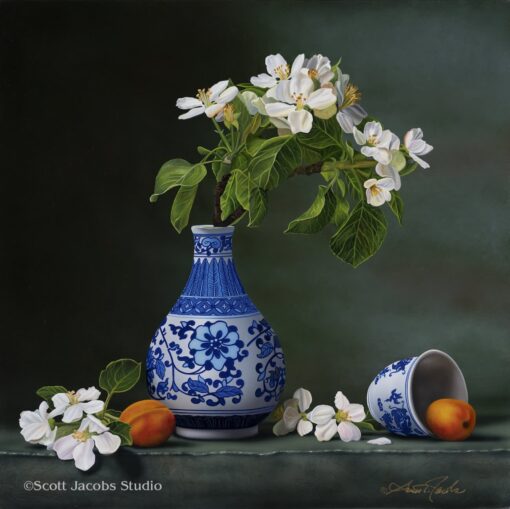 painting of white flowers in a beautiful blue and white vase called, flowers of apples and apricots by scott jacobs