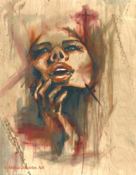 painting on wood of a female face, a cross and earth tones called Euphoria by Alexa jacobs
