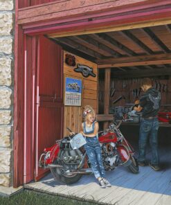 a painting of a little girl leaving a note in her dad's saddlebag before he leaves for the 80th sturgis rally, daddy's girl by scott jacobs
