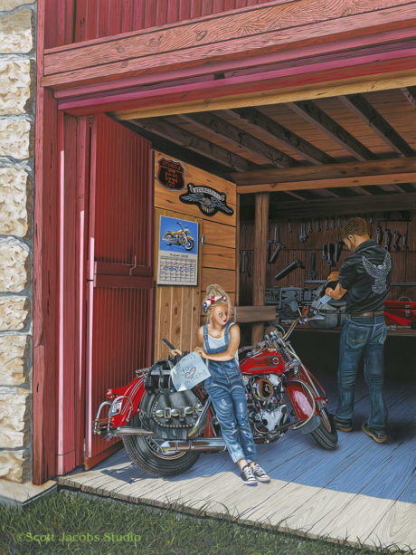 a painting of a little girl leaving a note in her dad's saddlebag before he leaves for the 80th sturgis rally, daddy's girl by scott jacobs